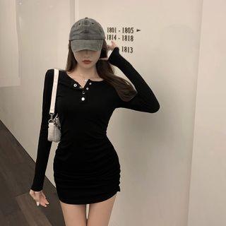 Long-sleeve Henley Sheath Dress Black - One Size