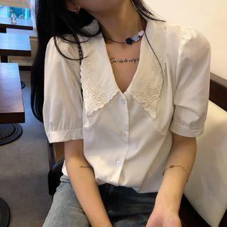 Elbow-sleeve Collared Embroidered Blouse