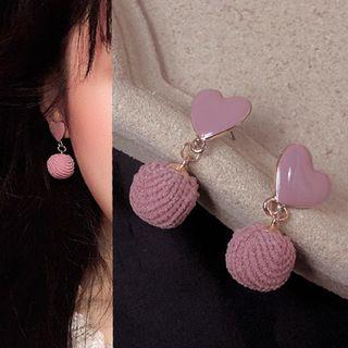 Heart Pom Pom Drop Earring 0137a# - 1 Pair - Classic Earrings - Pink - One Size