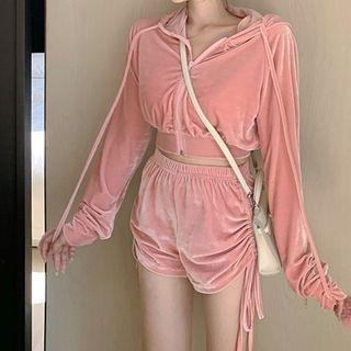 Set: Cropped Velvet Zip-up Hoodie + Shorts