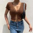 Short Sleeve Lace Panel Ruffled-trim Cropped Top