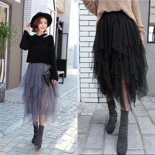 Irregular Hem Midi Mesh Skirt