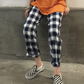 Short-sleeve Print T-shirt / Plaid Wide-leg Pants