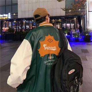 Long Sleeve Color Block Leaf Letter Print Baseball Jacket