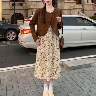Spaghetti Strap Floral Midi Dress / Double-breasted Jacket