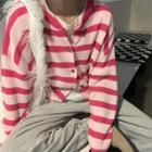 Round Neck Stripe Cardigan Pink - One Size