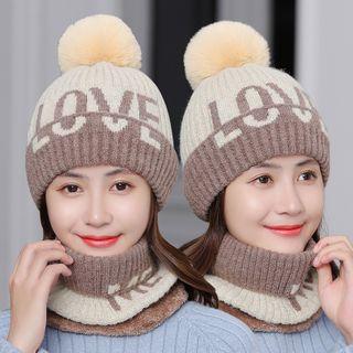 Lettering Pom Pom Knit Beanie With Scarf