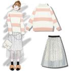 Striped Round Neck Sweater / Turtleneck Sweater / Dotted A-line Midi Mesh Skirt