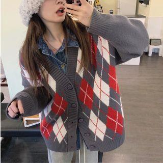 Long-sleeve Loose-fit Denim Shirt / Argyle Cardigan