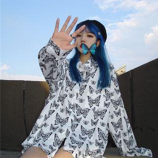 Butterfly Print Oversize Shirt White - One Size