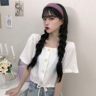 Button Plain Short-sleeve Top