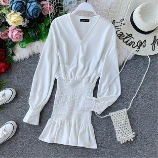 Long-sleeve Smocked Wrap Mini Chiffon Dress