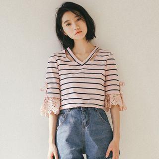 Short-sleeve Eyelet Lace Trim Striped T-shirt