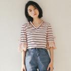 Short-sleeve Eyelet Lace Trim Striped T-shirt