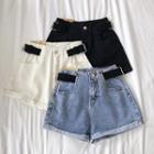 Belt Panel High-waist Roll-up Denim Shorts