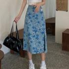 Side-slit Floral Denim Midi Skirt