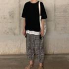 Mock Two-piece Elbow-sleeve T-shirt / Checked Cropped Harem Pants