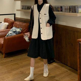 Plain Midi A-line Shirtdress / Button-up Vest
