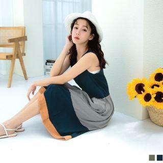 Sleeveless Color Block Cotton A-line Dress