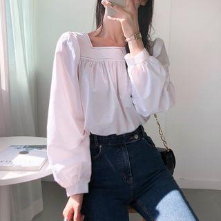 Square-neck Contrast Stitching Blouse