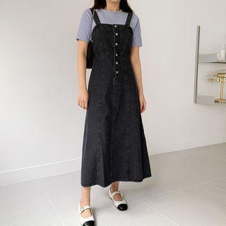 Button-trim Denim Jumper Dress