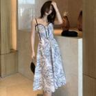 Leaf Print Spaghetti-strap A-line Midi Dress