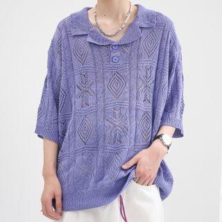 3/4-sleeve Notch Lapel Knit Top