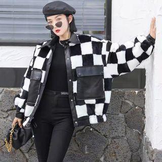Patterned Fleece Panel Faux Leather Jacket