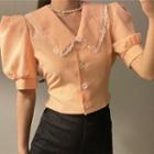 Puff-sleeve Lace Trim Collar Cropped Blouse
