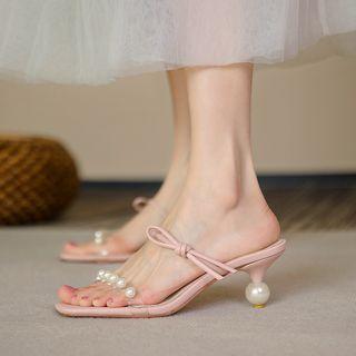 Faux Pearl Pvc Strap Kitten Heel Sandals