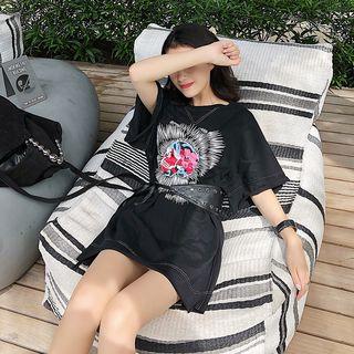 Printed Short-sleeve Long T-shirt With Belt