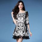 Elbow-sleeve Embroidered Frilled Trim Dress