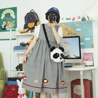Cartoon Embroidered Plaid Sleeveless A-line Dress