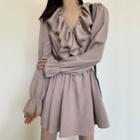Bell-sleeve Ruffle Trim V-neck Mini Dress