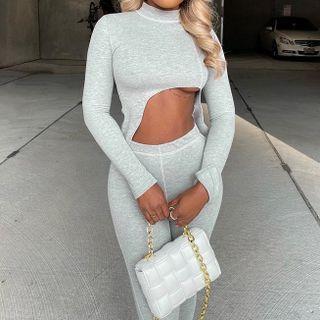 Set: Long-sleeve Asymmetrical Cropped T-shirt + Skinny Pants