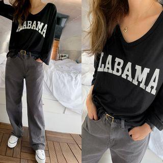 V-neck Letter Loose-fit T-shirt Black - One Size