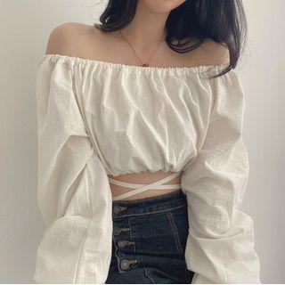 Off Shoulder Lace Up Crop Blouse