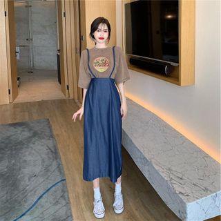 Elbow-sleeve Printed T-shirt / Spaghetti Strap Jumper Dress