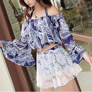 Set: Leaf Print Bikini Top + Cover-up Top + Swim Skirt