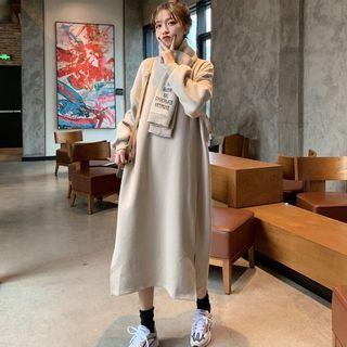Set: Plain Long-sleeve Loose-fit Dress + Scarf As Figure - One Size