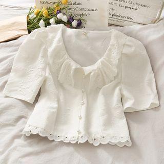 Embossed Ruffled-collar Crop Blouse