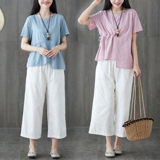 Set: Asymmetric Short-sleeve Top + Cropped Wide-leg Pants