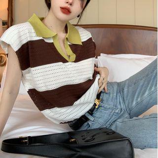 Crochet Loose-fit Knit Top Stripe - One Size