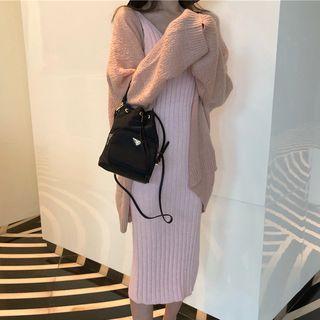 Open-front Cardigan / Sleeveless Midi Rib-knit Dress