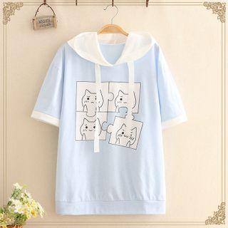 Elbow-sleeve Printed Hoodie Blue - One Size