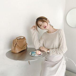 Loose-fit Striped Top Beige - One Size