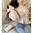 Long-sleeve V-neck See-through Blouse