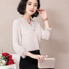 3/4-sleeve Perforated Trim V-neck Chiffon Top