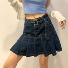 High Waist Denim Pleated Mini A-line Skirt