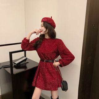 Lantern-sleeve Glitter-trim Dress